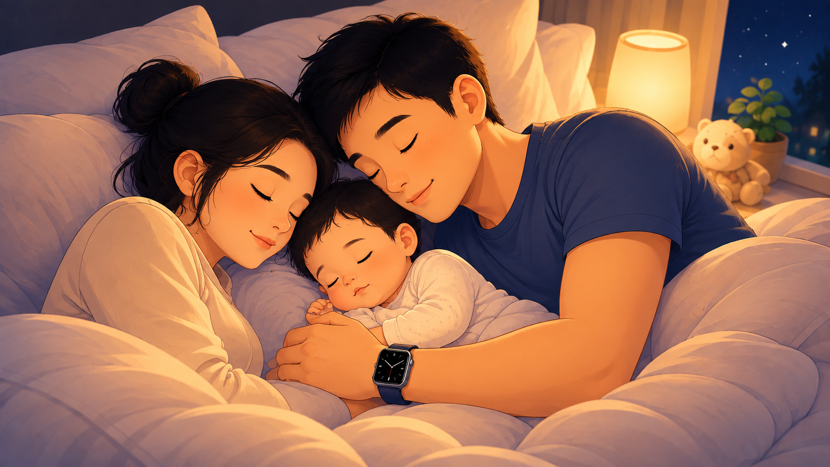 全家夜间入睡，爸爸手腕佩戴 Apple Watch